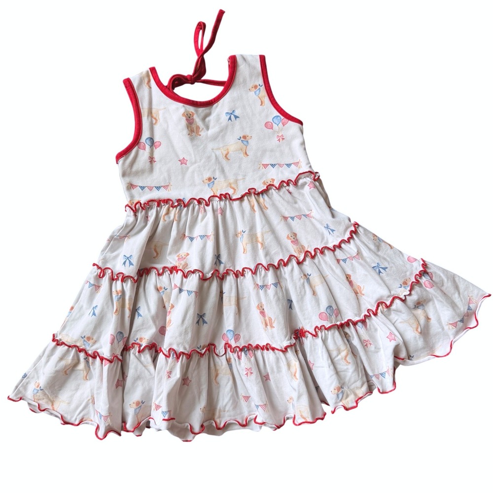 Serendipity Shrimp and Grits Kids Golden Retriever Patriotic Tiered Dress XS 3/4